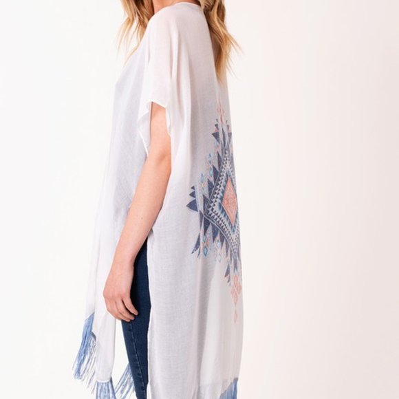 💙 Tribal Graphic Print Fringe Hem Kimono - Picture 3 of 6
